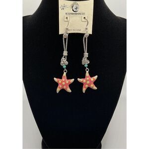 Starfish Earrings Pink Yellow Blue Silver Tone Fishhook Wire Beach Length 3 1/2”